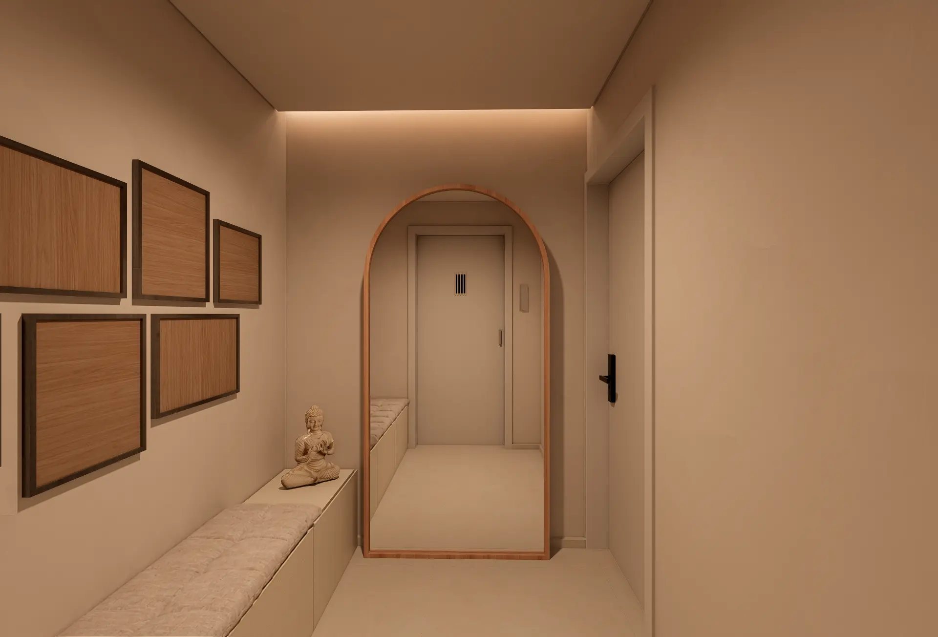 Hall de entrada com espelho arqueado e banco estofado